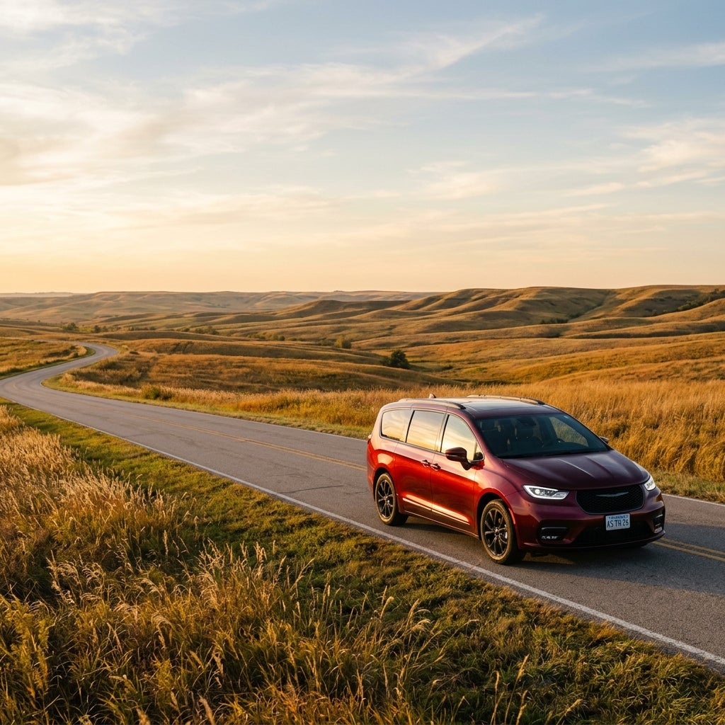A red Chrysler Pacifica minivan drives along a winding rural road through golden rolling hills at sunset. (Representative image for illustration purposes only. Actual vehicle may vary based on trim and configuration.)
