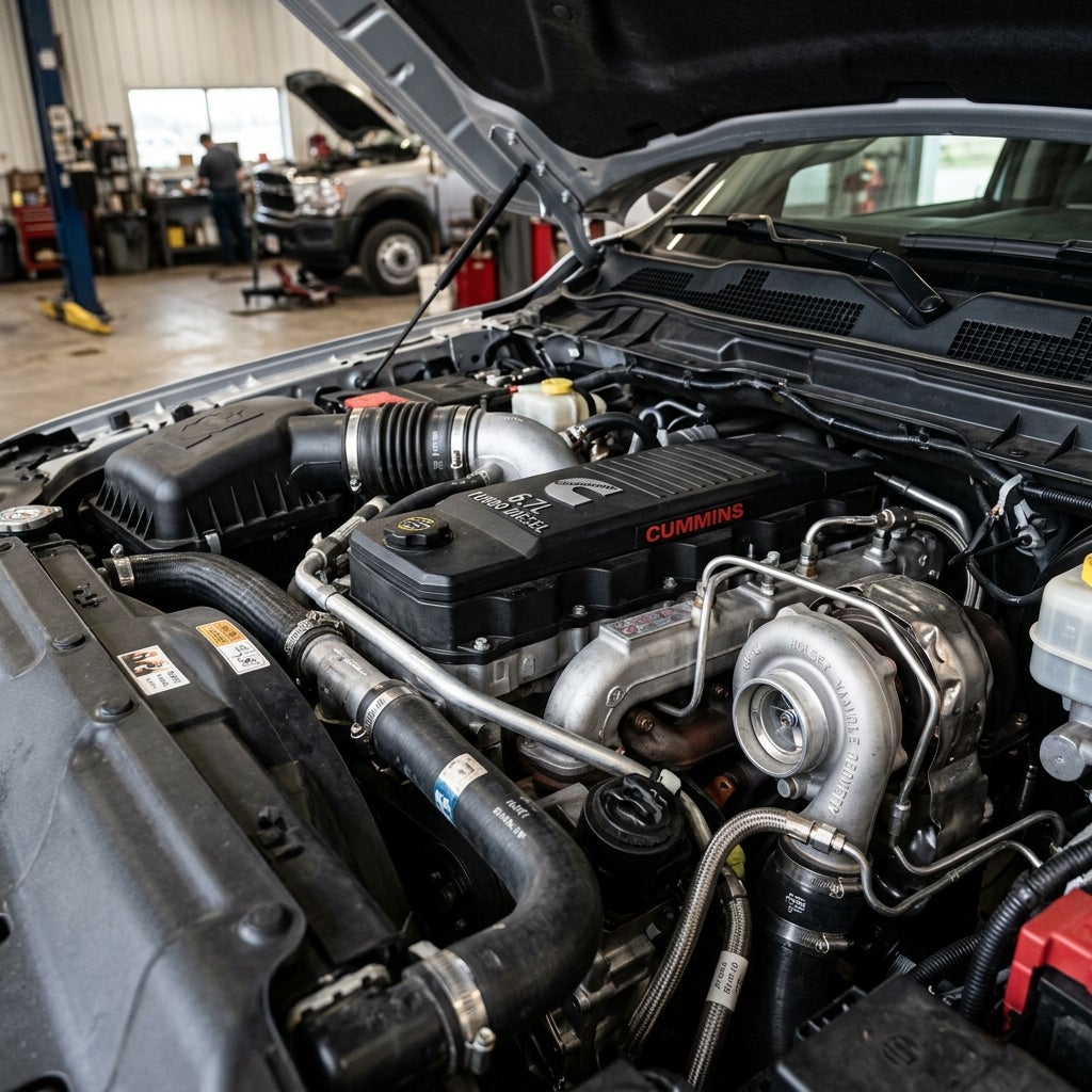 Engine bay of a silver truck featuring a 6.7L Cummins Turbo Diesel engine and prominent turbocharger in a garage. (Representative image for illustration purposes only. Actual vehicle may vary based on trim and configuration.)