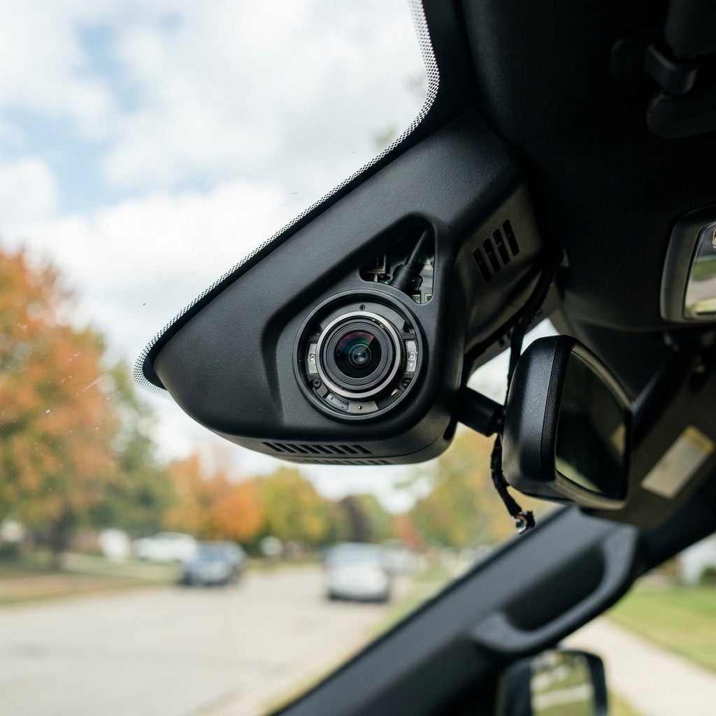 Close-up of a camera lens mounted on a car windshield next to the rearview mirror. (Representative image for illustration purposes only. Actual vehicle may vary based on trim and configuration.)