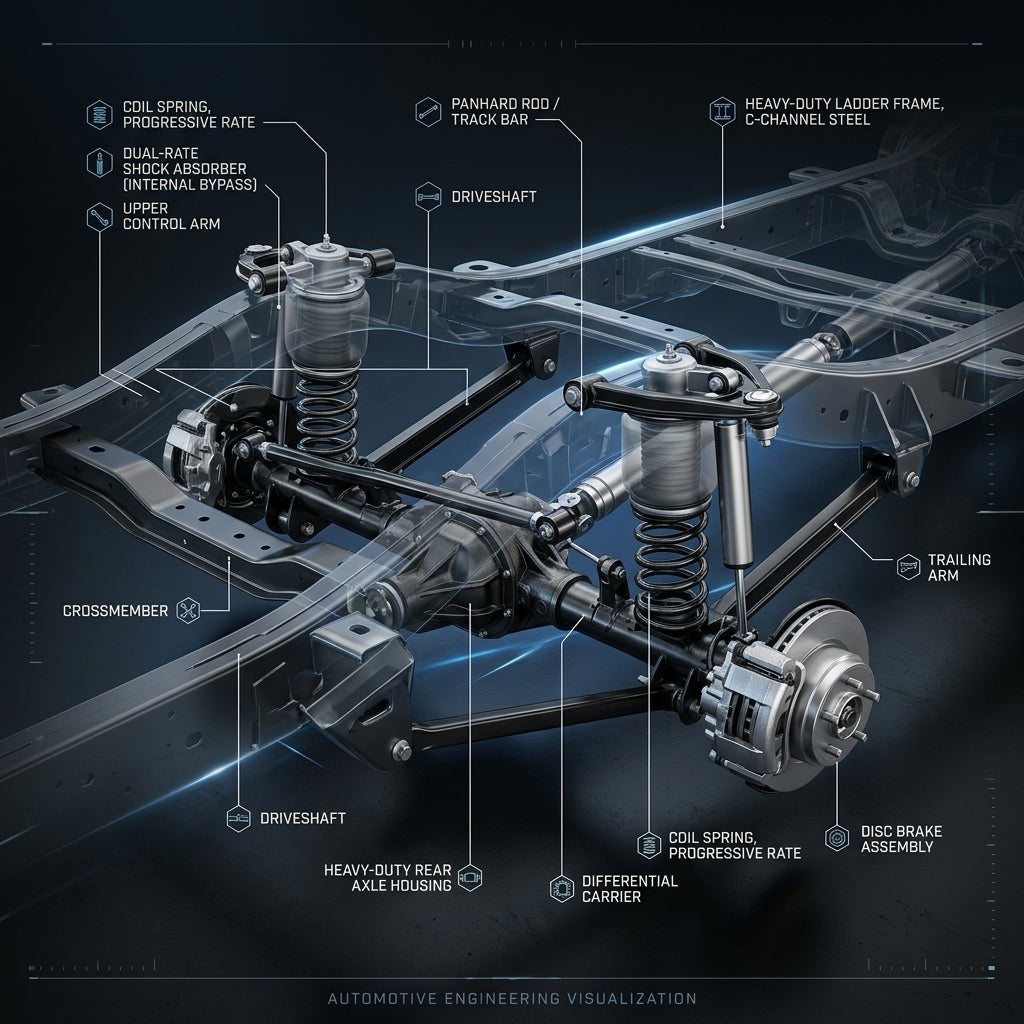 3D diagram of a vehicle rear suspension system with labeled parts like driveshaft, springs, and axle housing. (Representative image for illustration purposes only. Actual vehicle may vary based on trim and configuration.)