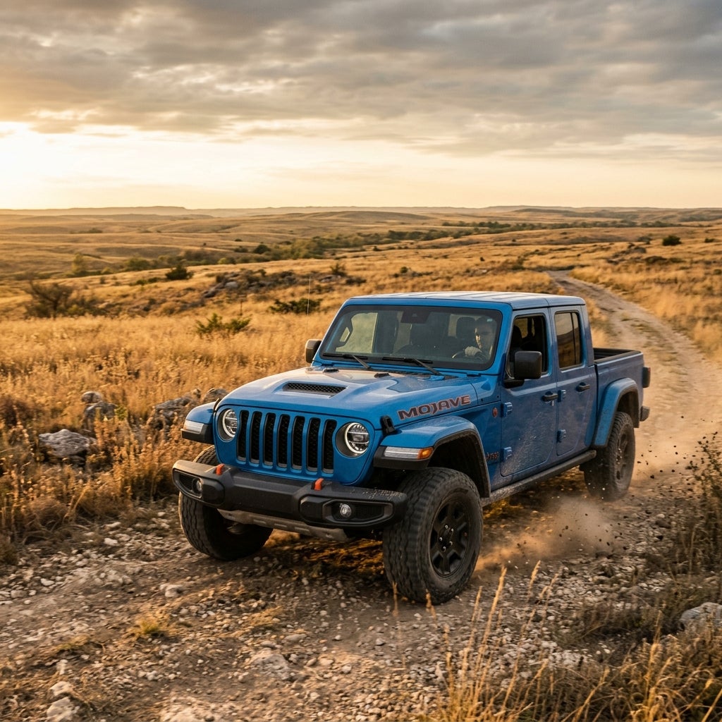 A blue Jeep Gladiator Mojave pickup truck kicking up dust on a dirt trail in a golden prairie at sunset. (Representative image for illustration purposes only. Actual vehicle may vary based on trim and configuration.)