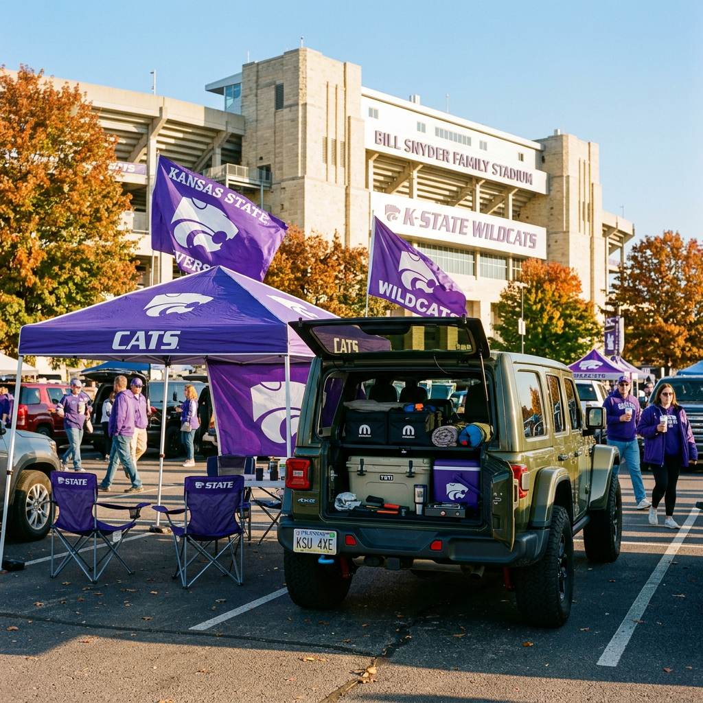 A tailgate party with a purple K-State tent and a green Jeep in front of Bill Snyder Family Stadium. (Representative image for illustration purposes only. Actual vehicle may vary based on trim and configuration.)