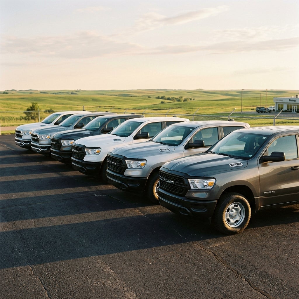 A line of modern Ram pickup trucks parked on an asphalt lot with rolling green hills in the background. (Representative image for illustration purposes only. Actual vehicle may vary based on trim and configuration.)