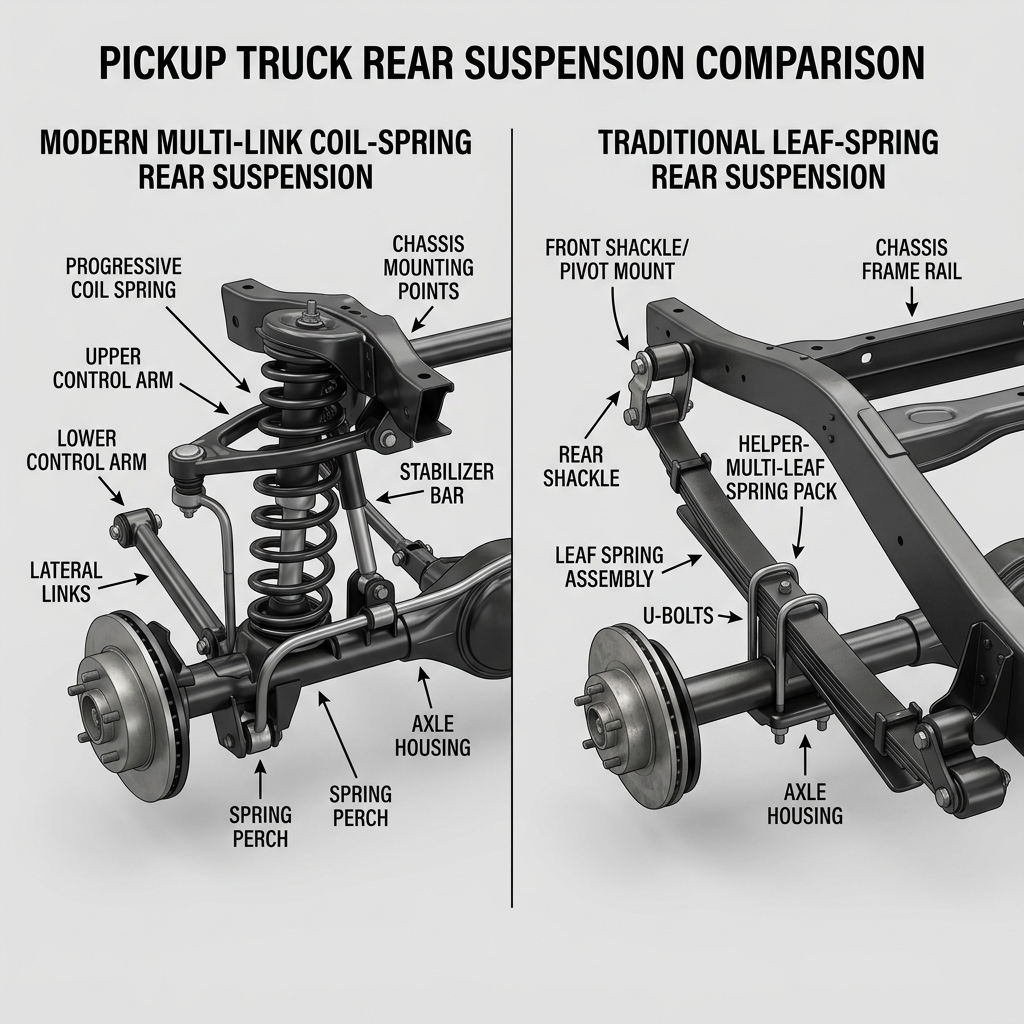 Diagram comparing modern multi-link coil-spring and traditional leaf-spring rear suspensions on a pickup truck. (Representative image for illustration purposes only. Actual vehicle may vary based on trim and configuration.)
