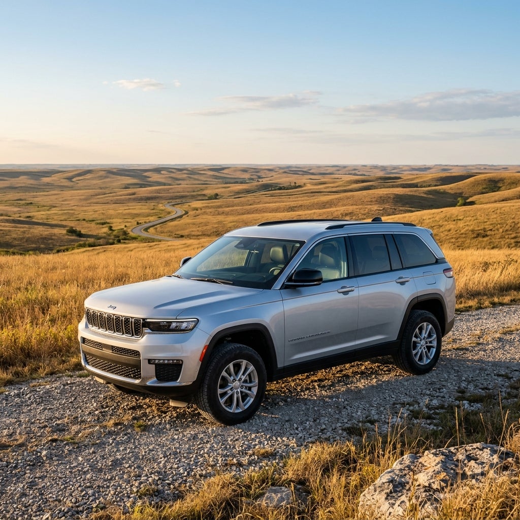 Silver Jeep Grand Cherokee parked on a gravel path with rolling golden hills in the background. (Representative image for illustration purposes only. Actual vehicle may vary based on trim and configuration.)