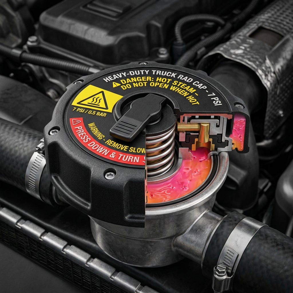 Cutaway view of a heavy-duty 7 PSI truck radiator cap displaying internal springs, valves, and coolant flow. (Representative image for illustration purposes only. Actual vehicle may vary based on trim and configuration.)