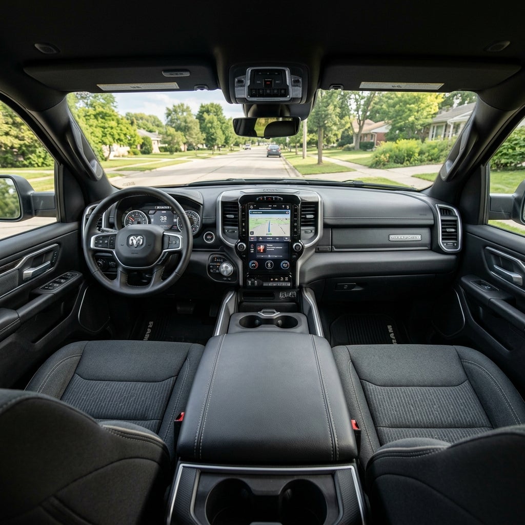 View from inside a Ram truck showing the black leather dashboard, vertical touchscreen, steering wheel, and front seats. (Representative image for illustration purposes only. Actual vehicle may vary based on trim and configuration.)