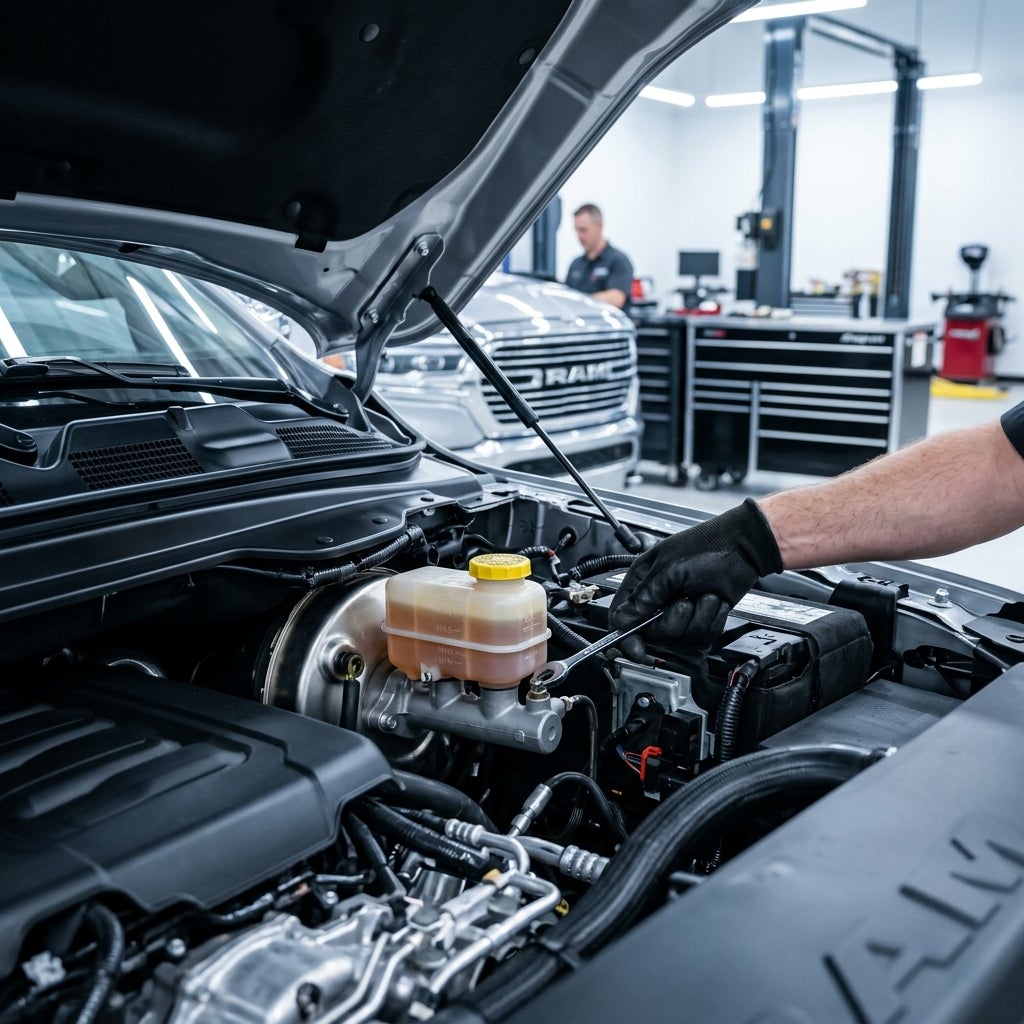 A mechanic in black gloves uses a wrench to adjust a brake fluid reservoir under a car's open hood. (Representative image for illustration purposes only. Actual vehicle may vary based on trim and configuration.)