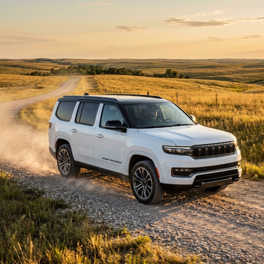 White Jeep Grand Wagoneer driving on a rural gravel road during golden hour (Representative image for illustration purposes only. Actual vehicle may vary based on trim and configuration.)