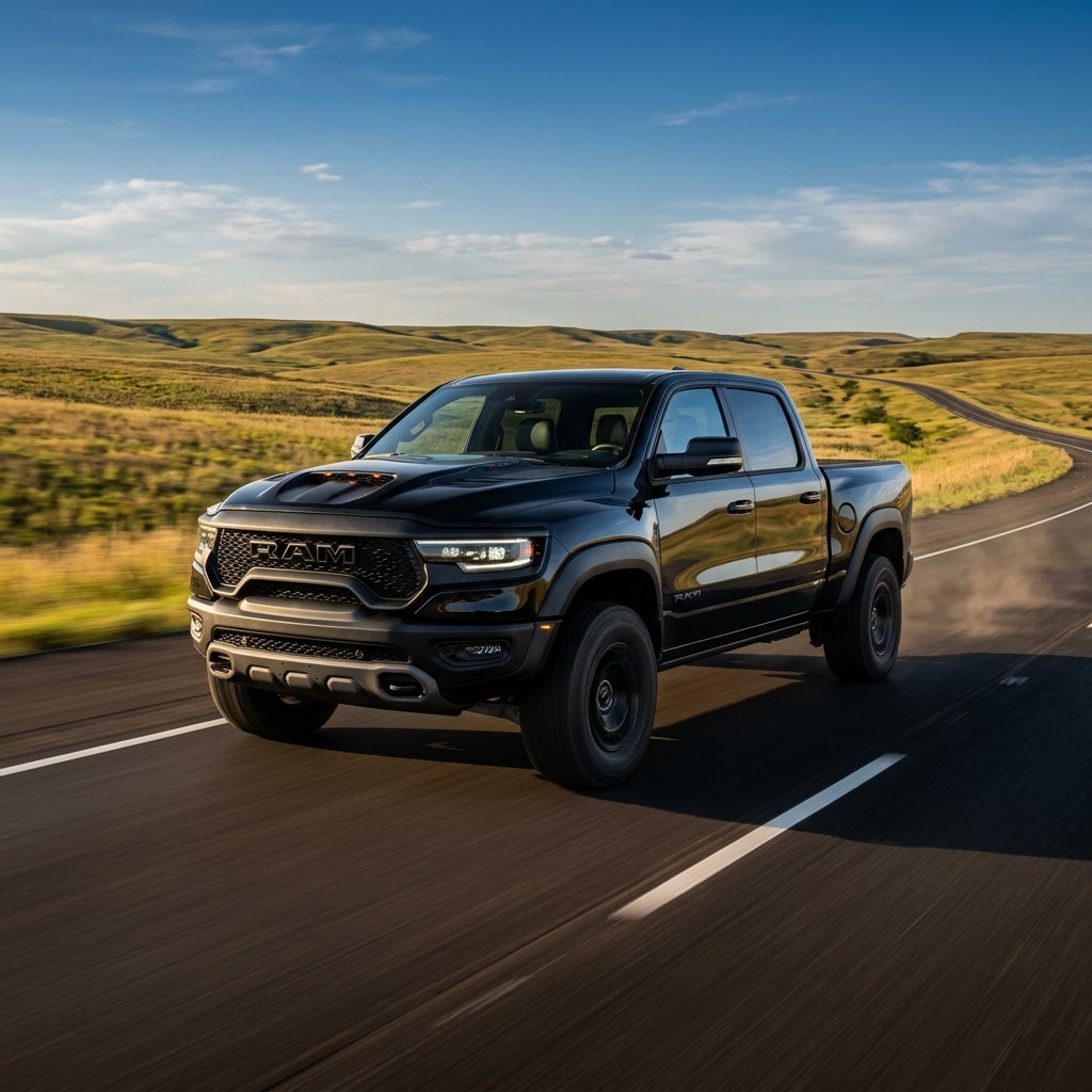 Black Ram 1500 TRX pickup truck driving down a rural paved road through rolling hills. (Representative image for illustration purposes only. Actual vehicle may vary based on trim and configuration.)