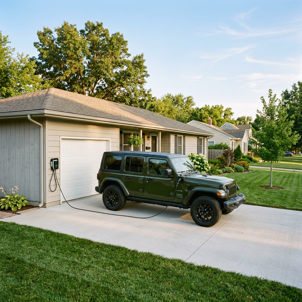 A green Jeep Wrangler 4xe hybrid SUV charging on a concrete driveway in front of a suburban home. (Representative image for illustration purposes only. Actual vehicle may vary based on trim and configuration.)