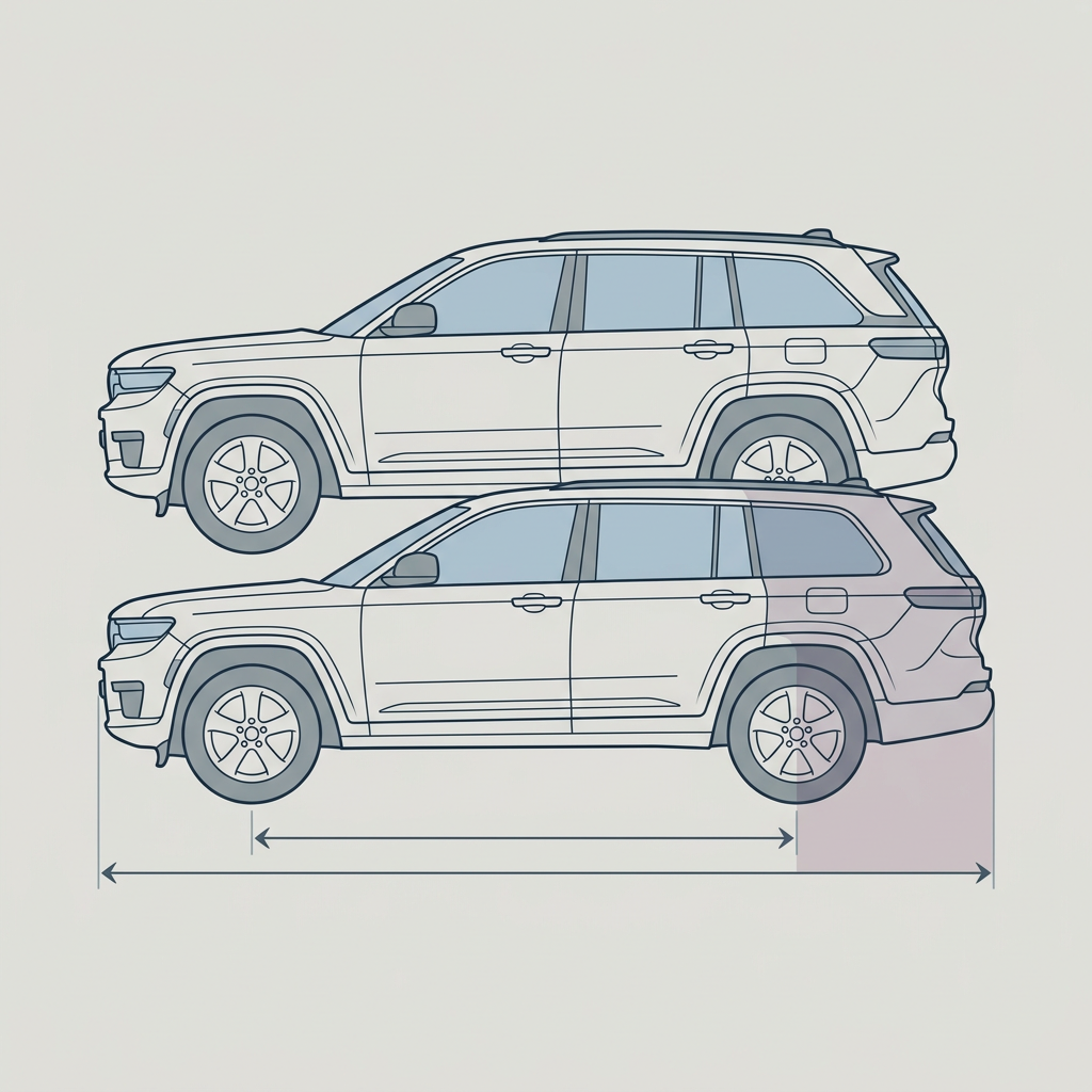 Technical diagram comparing the rear overhang and wheelbase dimensions of two identical SUV models. (Representative image for illustration purposes only. Actual vehicle may vary based on trim and configuration.)