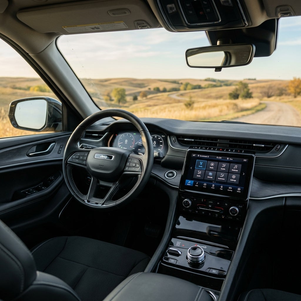 Dashboard, steering wheel, and infotainment display inside a modern Jeep parked on a countryside dirt road. (Representative image for illustration purposes only. Actual vehicle may vary based on trim and configuration.)