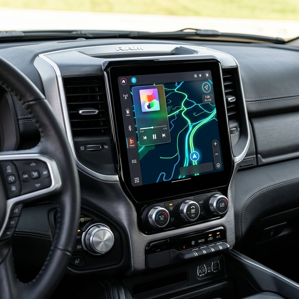 Dashboard of a RAM truck featuring a large vertical infotainment touchscreen displaying a map and media controls. (Representative image for illustration purposes only. Actual vehicle may vary based on trim and configuration.)