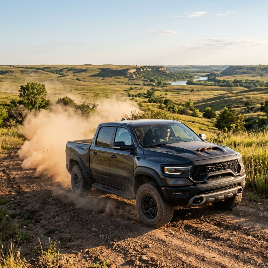 A dark grey Ram 1500 TRX pickup truck driving along a dirt road, kicking up a cloud of dust in a scenic landscape. (Representative image for illustration purposes only. Actual vehicle may vary based on trim and configuration.)