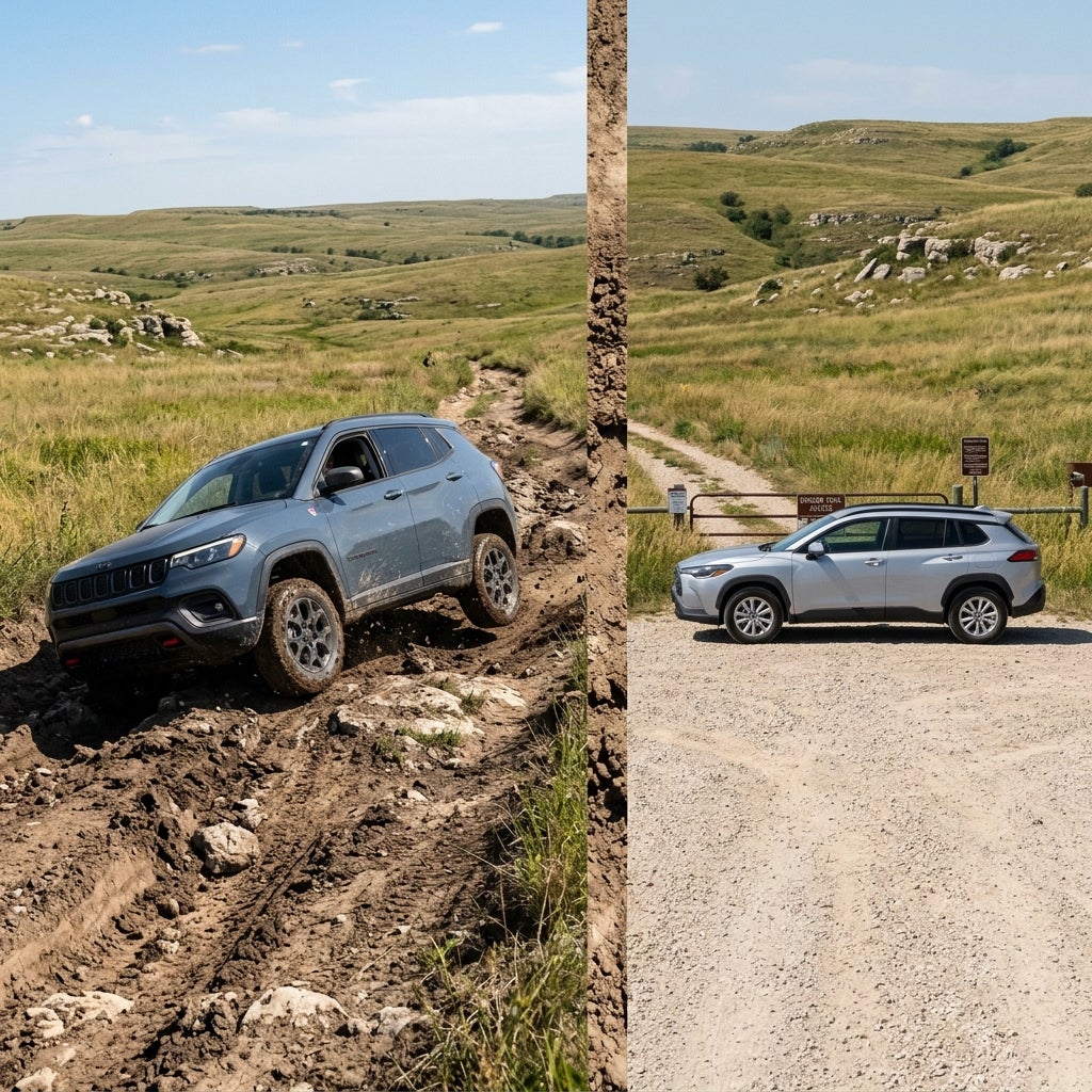 A side-by-side comparison of a grey Jeep driving off-road and a silver SUV parked on a gravel path. (Representative image for illustration purposes only. Actual vehicle may vary based on trim and configuration.)