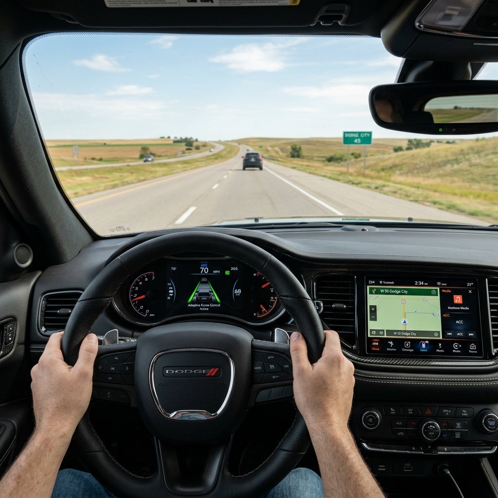 First-person view of a driver holding a Dodge steering wheel while driving on an open rural highway. (Representative image for illustration purposes only. Actual vehicle may vary based on trim and configuration.)