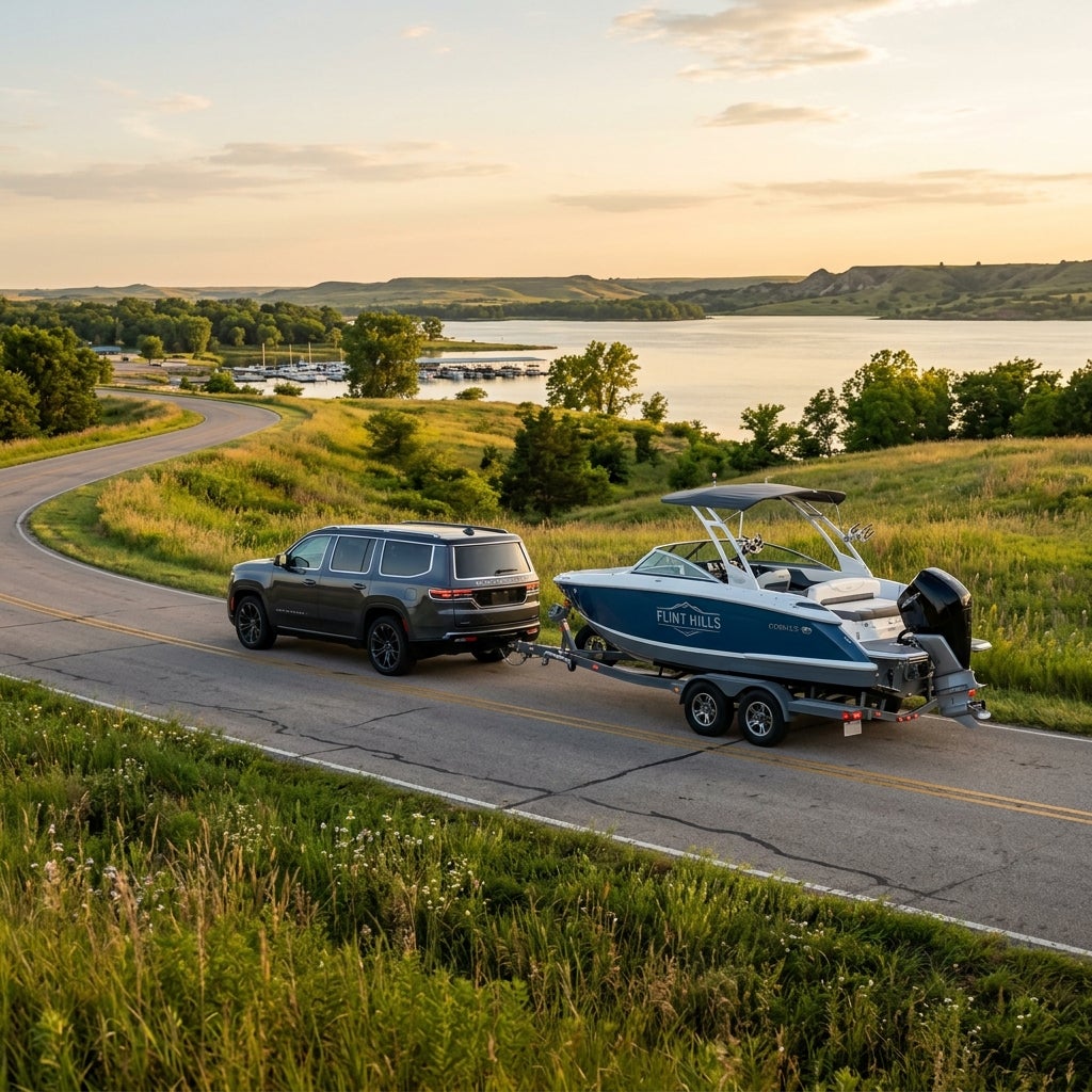 A dark gray SUV towing a blue motorboat on a trailer along a scenic lake road during golden hour. (Representative image for illustration purposes only. Actual vehicle may vary based on trim and configuration.)