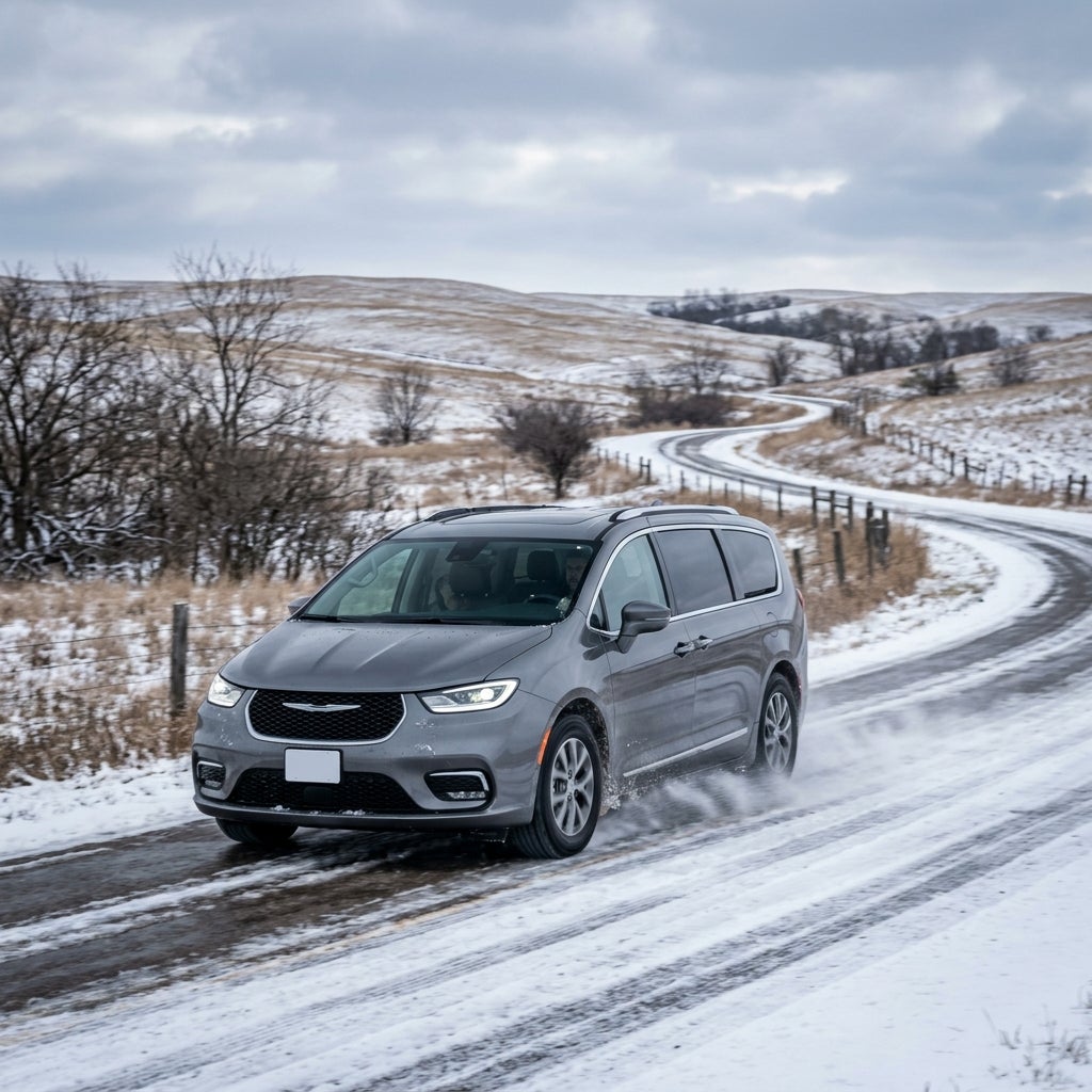 A gray minivan driving on a winding, snow-covered country road through rolling hills. (Representative image for illustration purposes only. Actual vehicle may vary based on trim and configuration.)