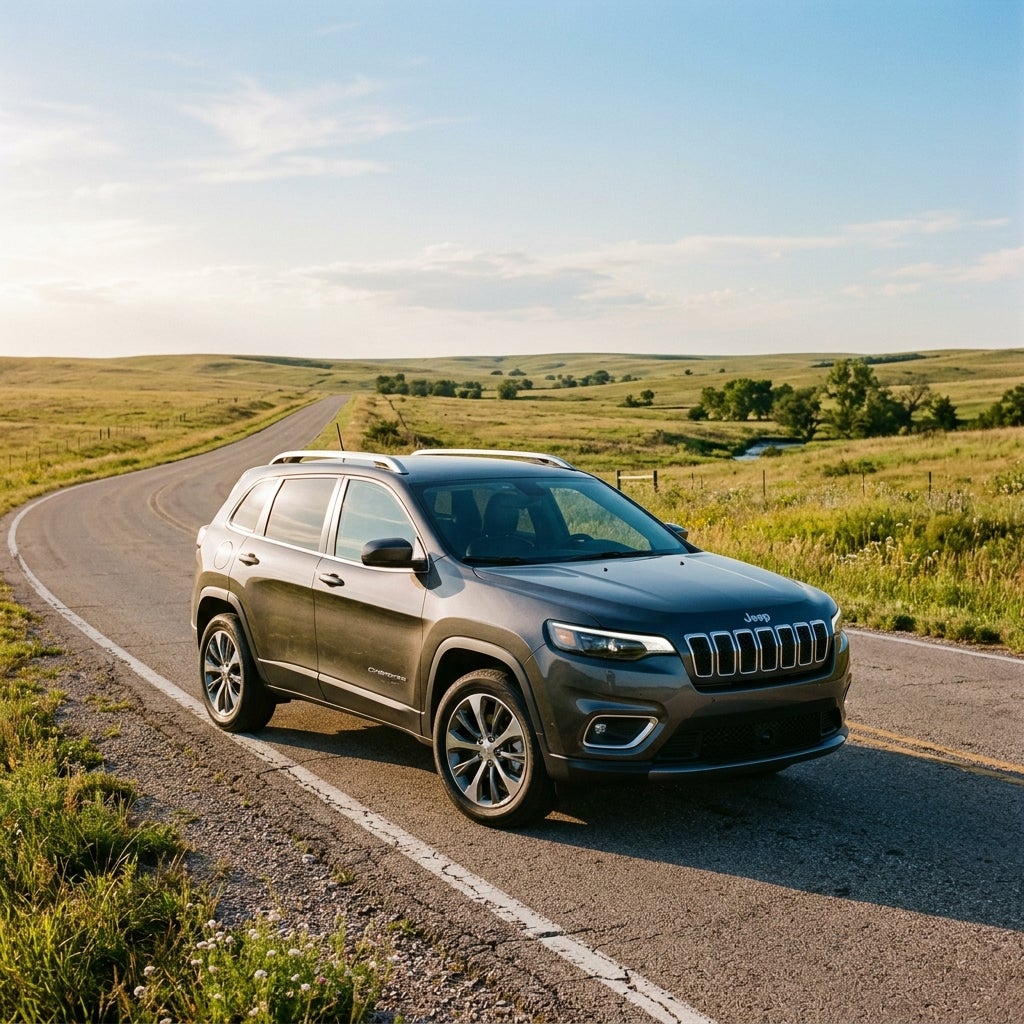 Dark grey Jeep Cherokee parked along a curved asphalt road running through scenic rolling green hills under a bright sky. (Representative image for illustration purposes only. Actual vehicle may vary based on trim and configuration.)