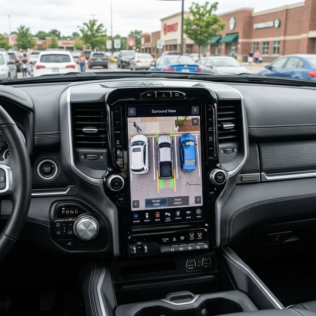 Dashboard screen inside a Ram truck displaying a 360-degree surround-view parking camera view in a parking lot. (Representative image for illustration purposes only. Actual vehicle may vary based on trim and configuration.)
