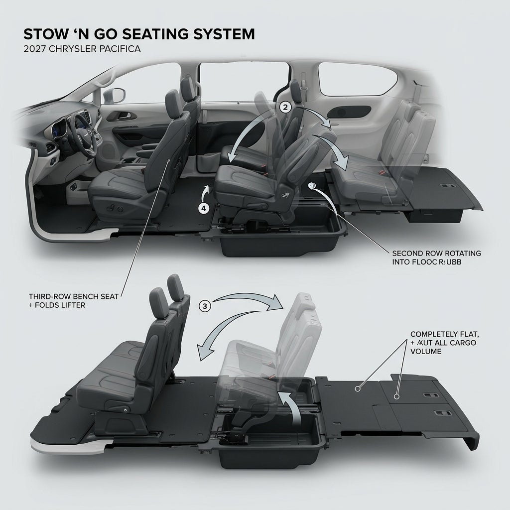 Diagram showing the folding and rotating mechanism of the Stow 'n Go seating system in a minivan. (Representative image for illustration purposes only. Actual vehicle may vary based on trim and configuration.)