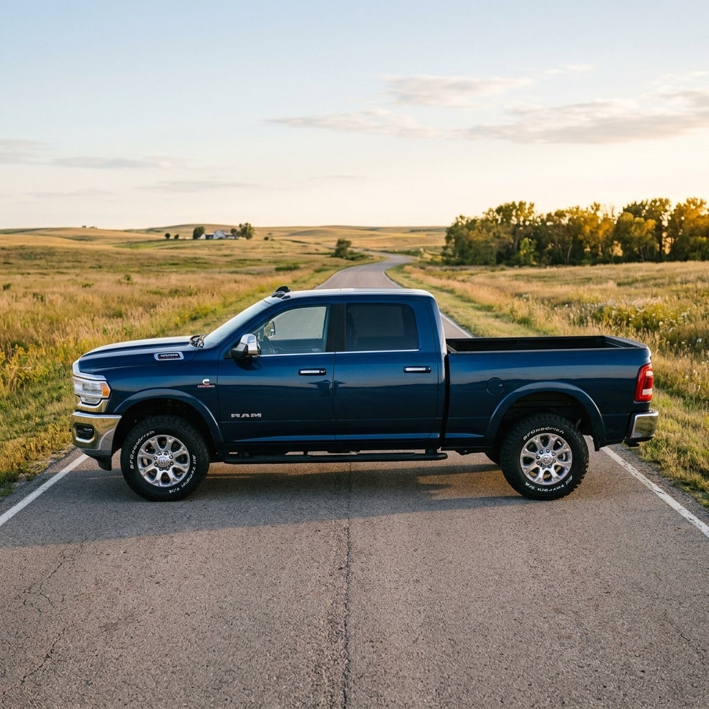 Side profile of a dark blue Ram pickup truck parked across a rural road in a landscape at sunset. (Representative image for illustration purposes only. Actual vehicle may vary based on trim and configuration.)