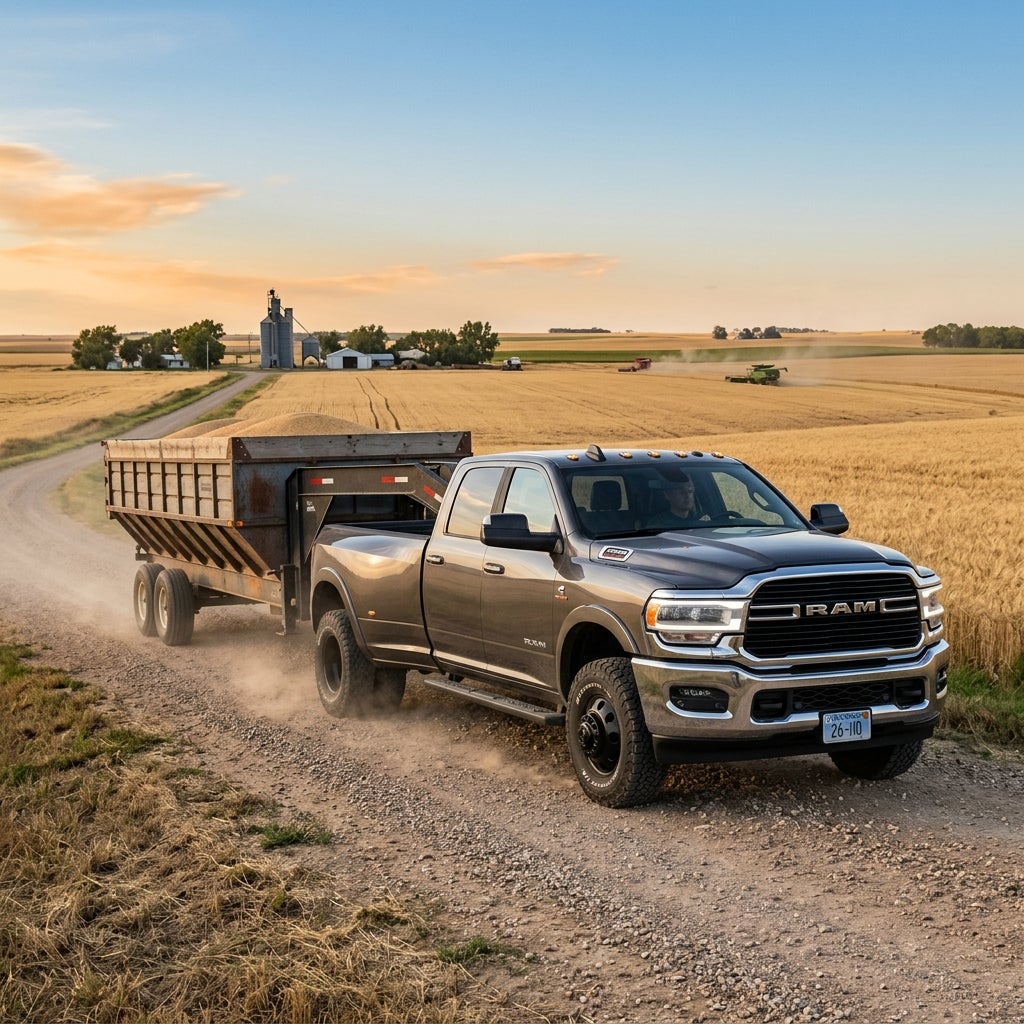 A grey Ram dually truck towing a full grain trailer down a dirt farm road next to a wheat field at sunset. (Representative image for illustration purposes only. Actual vehicle may vary based on trim and configuration.)