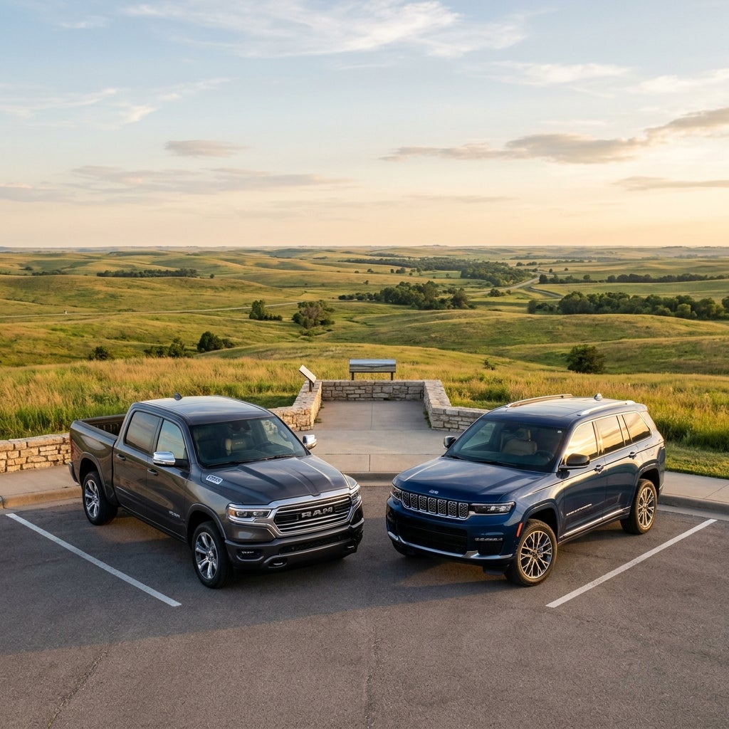 Dark grey RAM pickup truck and blue Jeep SUV parked in a lot overlooking rolling green prairie hills at sunset. (Representative image for illustration purposes only. Actual vehicle may vary based on trim and configuration.)