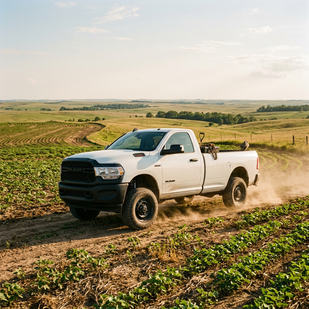 A white Ram pickup truck driving through a farm field, kicking up dust under a bright sky. (Representative image for illustration purposes only. Actual vehicle may vary based on trim and configuration.)