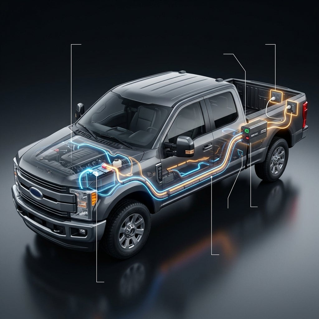 Cutaway diagram of a pickup truck highlighting the onboard power inverter system and wiring to bed outlets. (Representative image for illustration purposes only. Actual vehicle may vary based on trim and configuration.)
