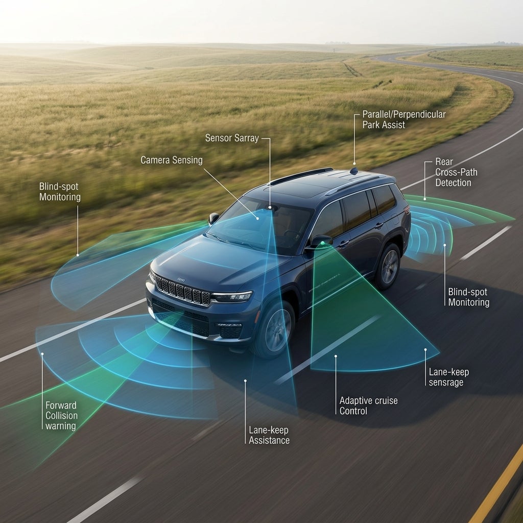 Diagram of a blue SUV driving on a road with visual overlays illustrating its driver assistance sensors and safety features. (Representative image for illustration purposes only. Actual vehicle may vary based on trim and configuration.)