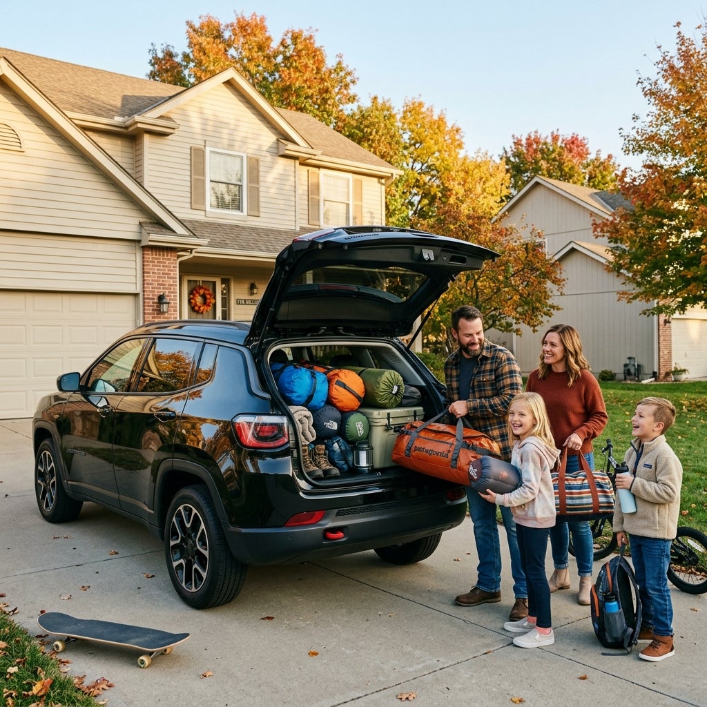A family of four packs bags and camping gear into the trunk of a black SUV outside their suburban home in autumn. (Representative image for illustration purposes only. Actual vehicle may vary based on trim and configuration.)