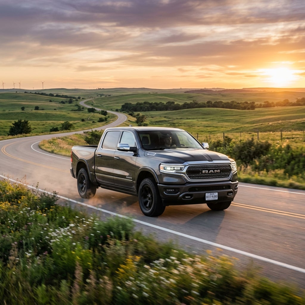 A dark grey RAM pickup truck driving on a winding country road through rolling green hills at sunset. (Representative image for illustration purposes only. Actual vehicle may vary based on trim and configuration.)