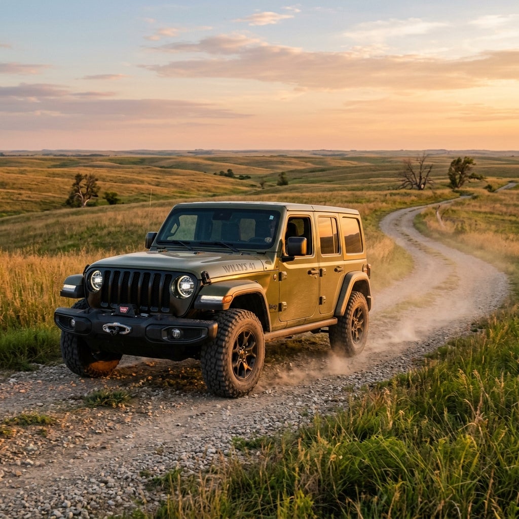 An olive green Jeep Wrangler Willys driving down a winding gravel road through grassy rolling hills at sunset. (Representative image for illustration purposes only. Actual vehicle may vary based on trim and configuration.)