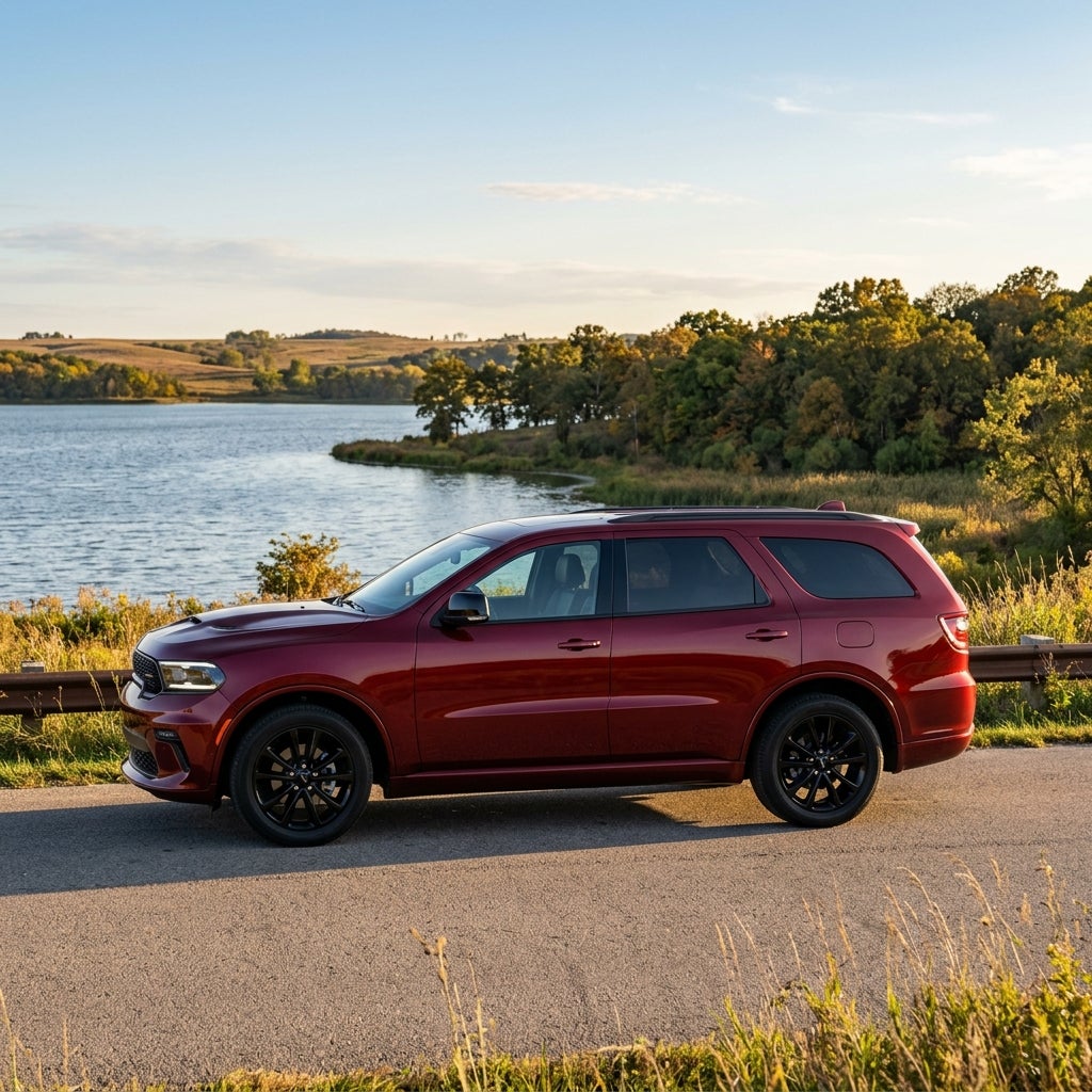 Side profile of a red Dodge Durango parked along a scenic paved road near a calm lake. (Representative image for illustration purposes only. Actual vehicle may vary based on trim and configuration.)