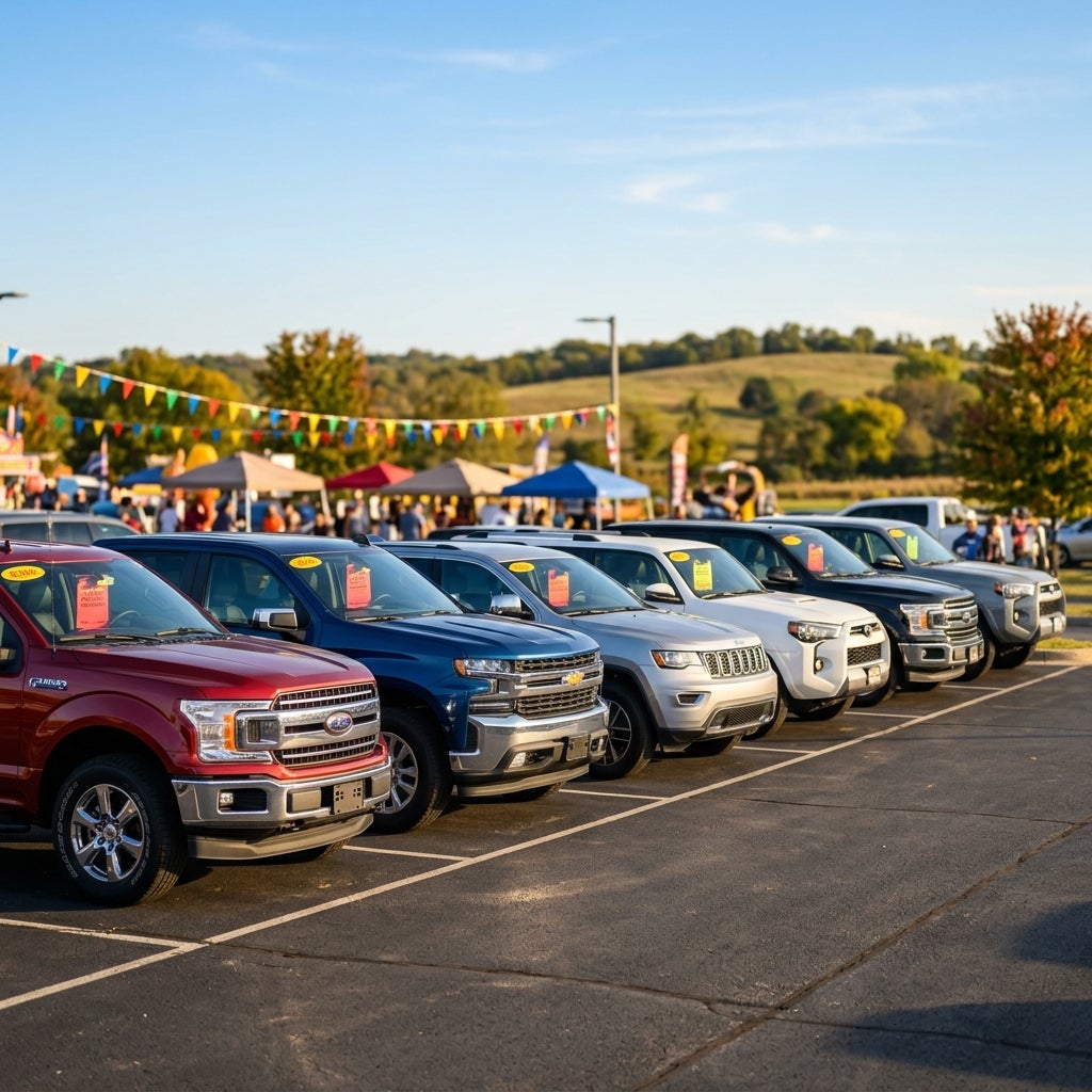 Line of pickup trucks and SUVs parked in a row at an outdoor car sales event on a sunny day. (Representative image for illustration purposes only. Actual vehicle may vary based on trim and configuration.)