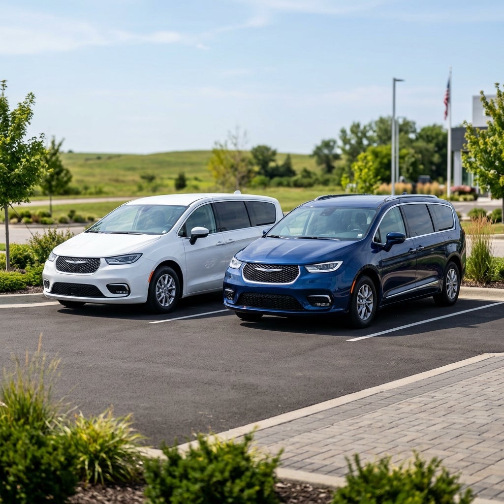 White Chrysler Pacifica parked next to a dark blue Chrysler Pacifica in a paved parking lot on a sunny day. (Representative image for illustration purposes only. Actual vehicle may vary based on trim and configuration.)