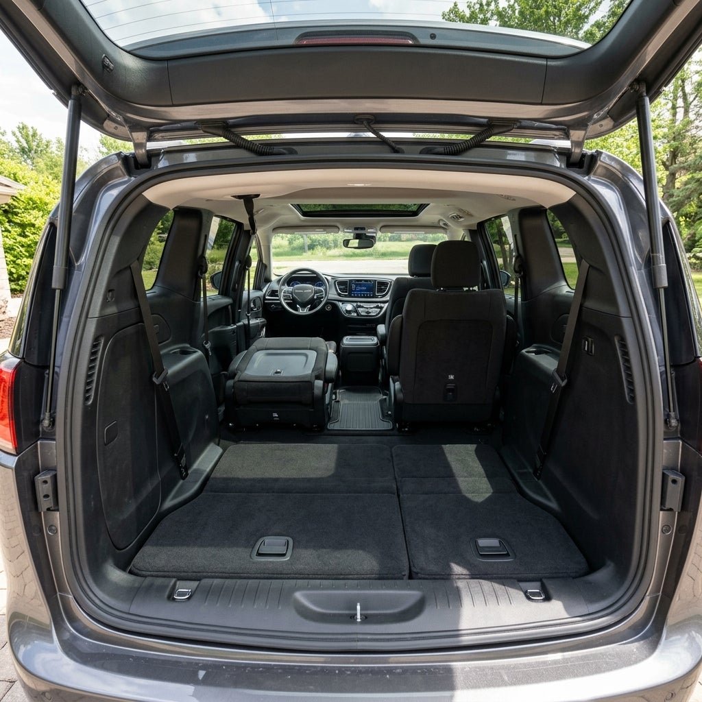 Open rear hatch of a Chrysler Pacifica minivan with third-row Stow 'n Go seats folded flat for cargo space. (Representative image for illustration purposes only. Actual vehicle may vary based on trim and configuration.)