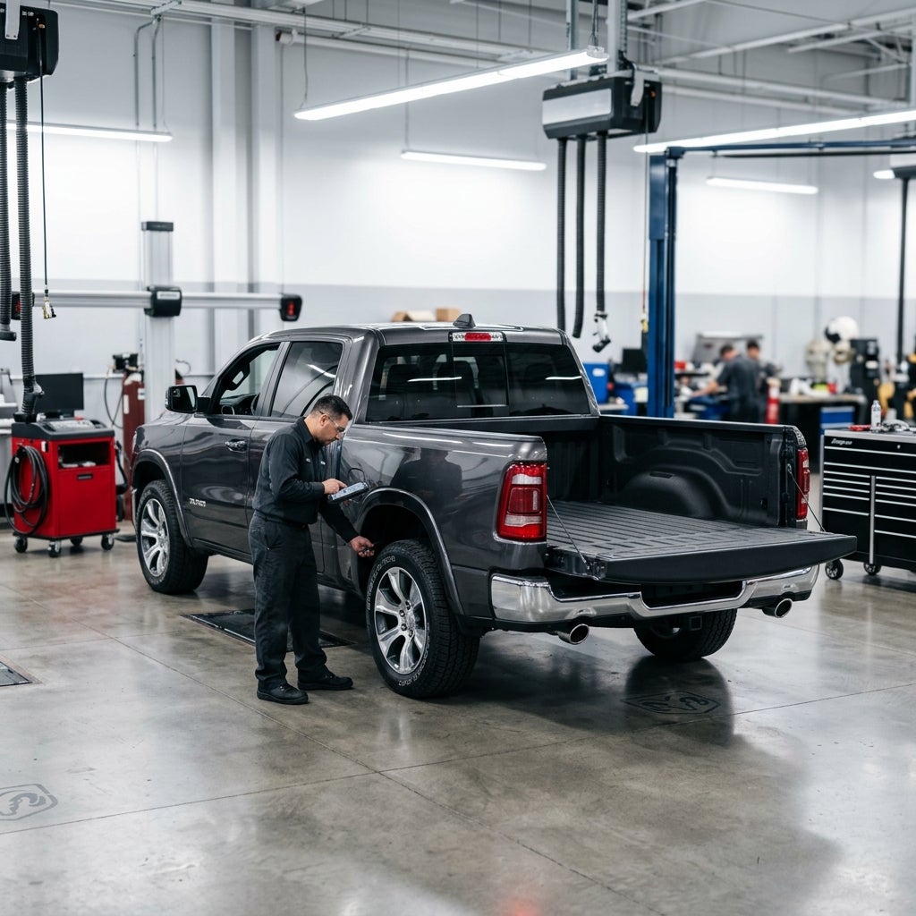 A mechanic holding a diagnostic tablet while inspecting a grey pickup truck inside a modern auto service center. (Representative image for illustration purposes only. Actual vehicle may vary based on trim and configuration.)