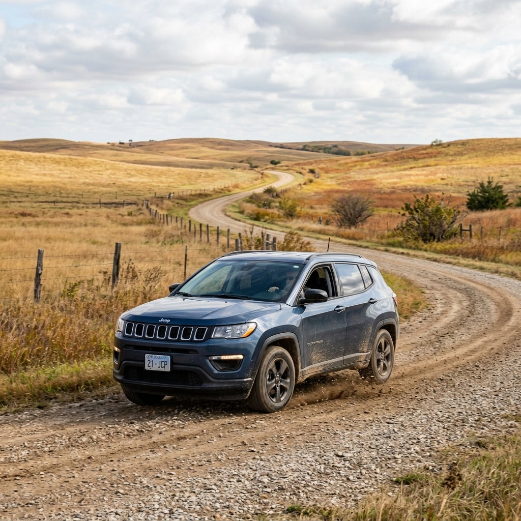 A dark blue Jeep Compass driving along a winding gravel road through golden rolling hills. (Representative image for illustration purposes only. Actual vehicle may vary based on trim and configuration.)