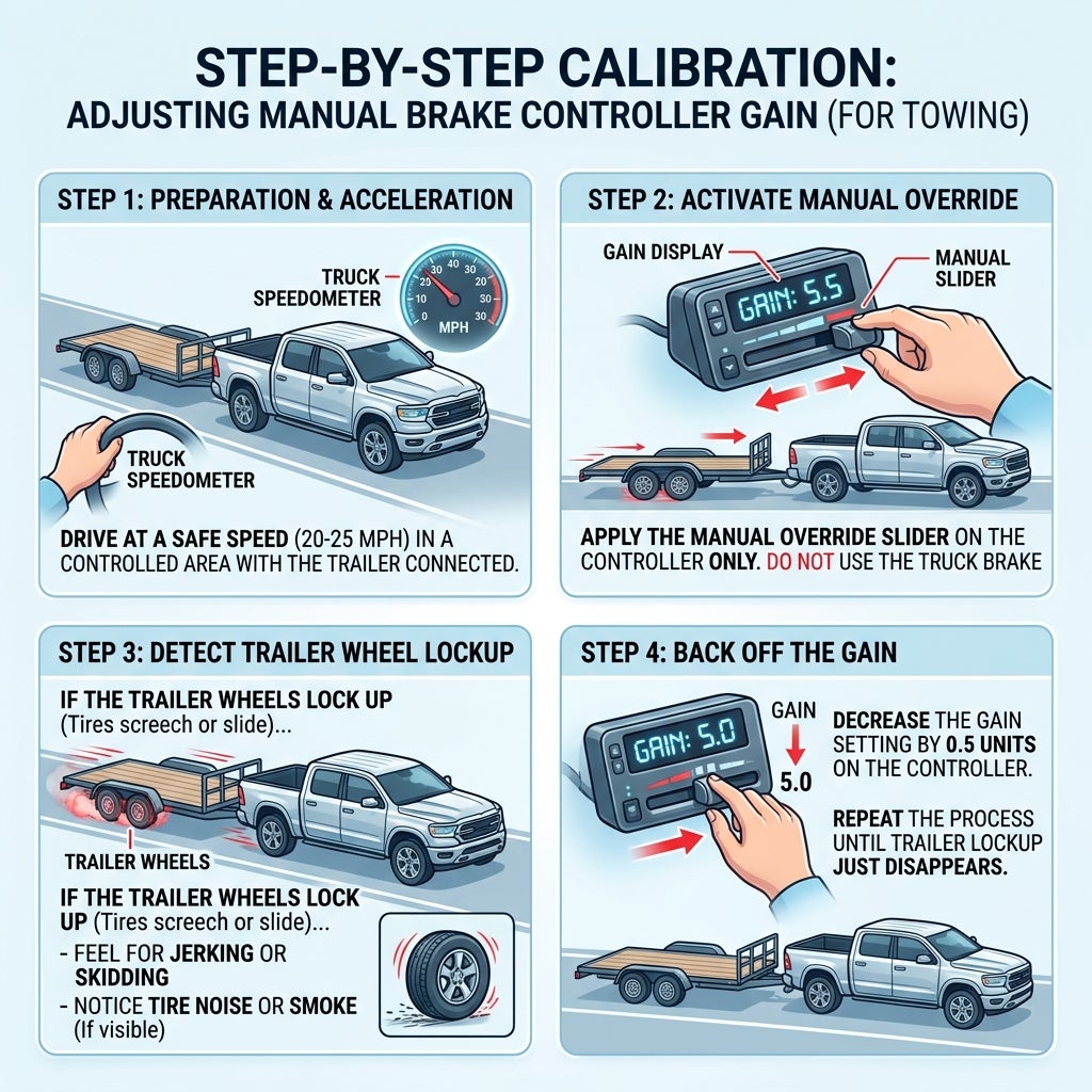 Four-step infographic showing how to calibrate a manual trailer brake controller by adjusting the gain setting. (Representative image for illustration purposes only. Actual vehicle may vary based on trim and configuration.)