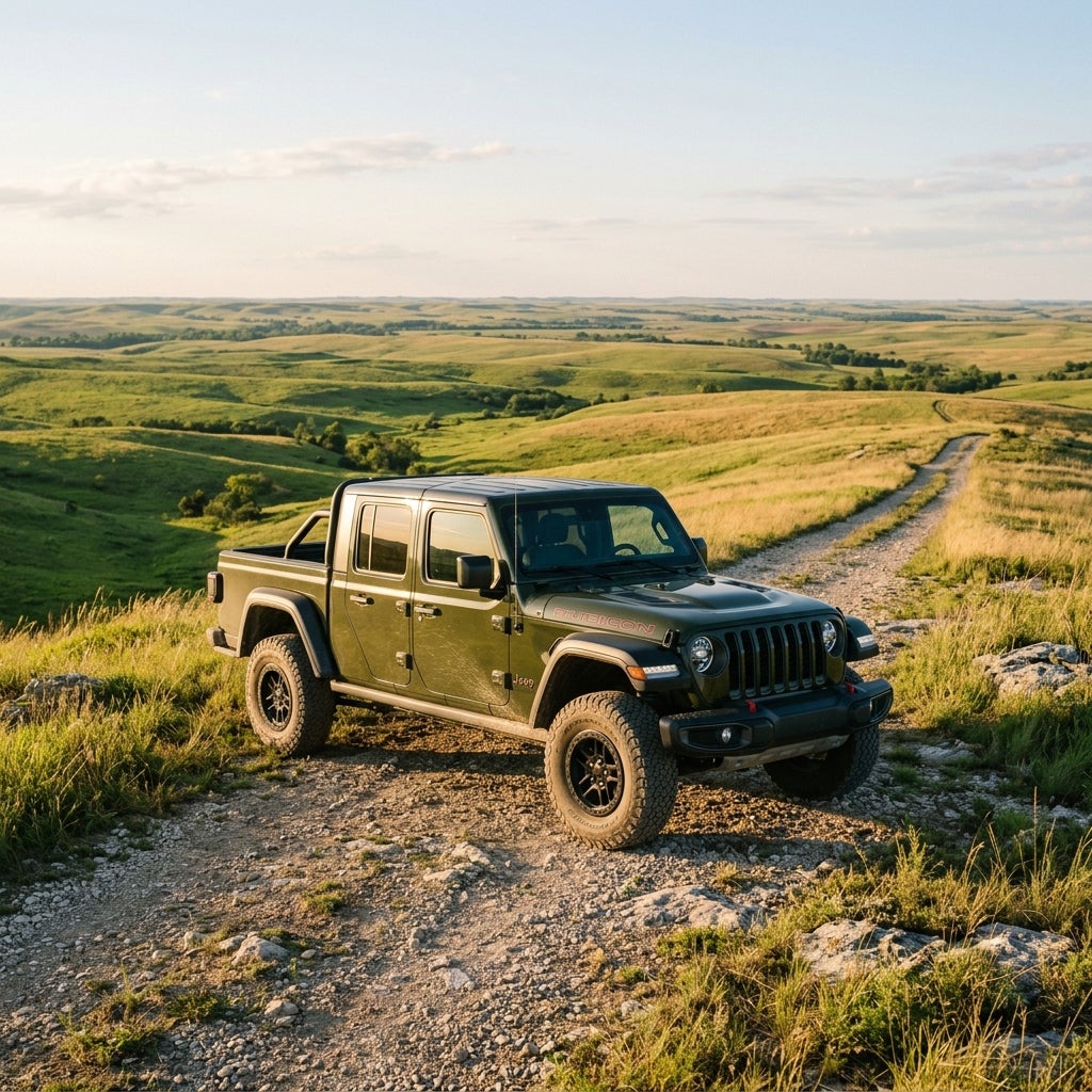 Olive green Jeep Gladiator Rubicon pickup truck parked on a gravel dirt path in rolling green hills. (Representative image for illustration purposes only. Actual vehicle may vary based on trim and configuration.)