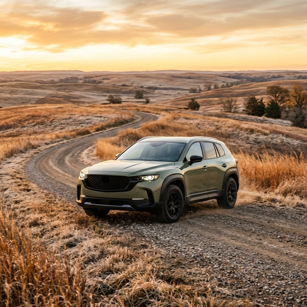 A modern green SUV driving on a winding gravel road through golden rolling hills at sunset. (Representative image for illustration purposes only. Actual vehicle may vary based on trim and configuration.)