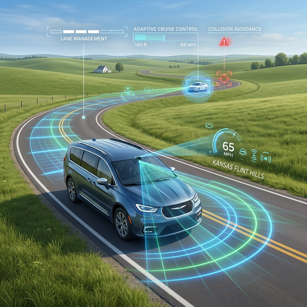 A modern blue minivan driving on a winding road with digital driver assistance graphics illustrating ADAS technology. (Representative image for illustration purposes only. Actual vehicle may vary based on trim and configuration.)