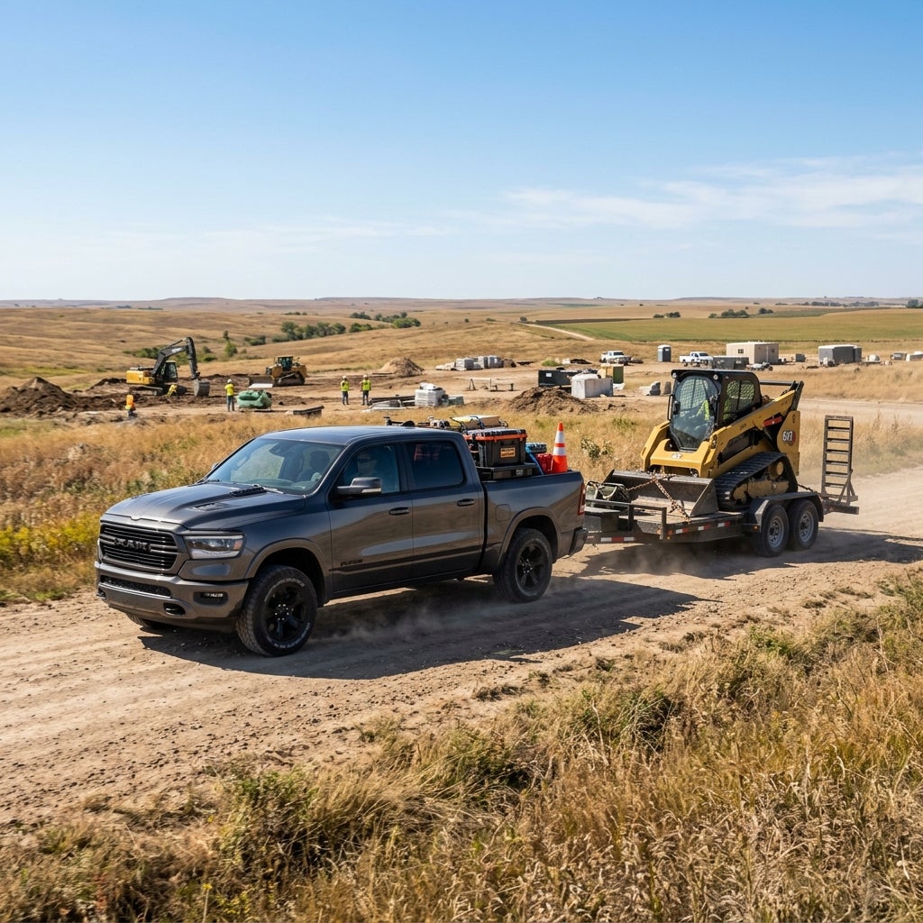A dark grey RAM pickup truck towing a trailer with a yellow skid steer on a dusty dirt road at a construction site. (Representative image for illustration purposes only. Actual vehicle may vary based on trim and configuration.)
