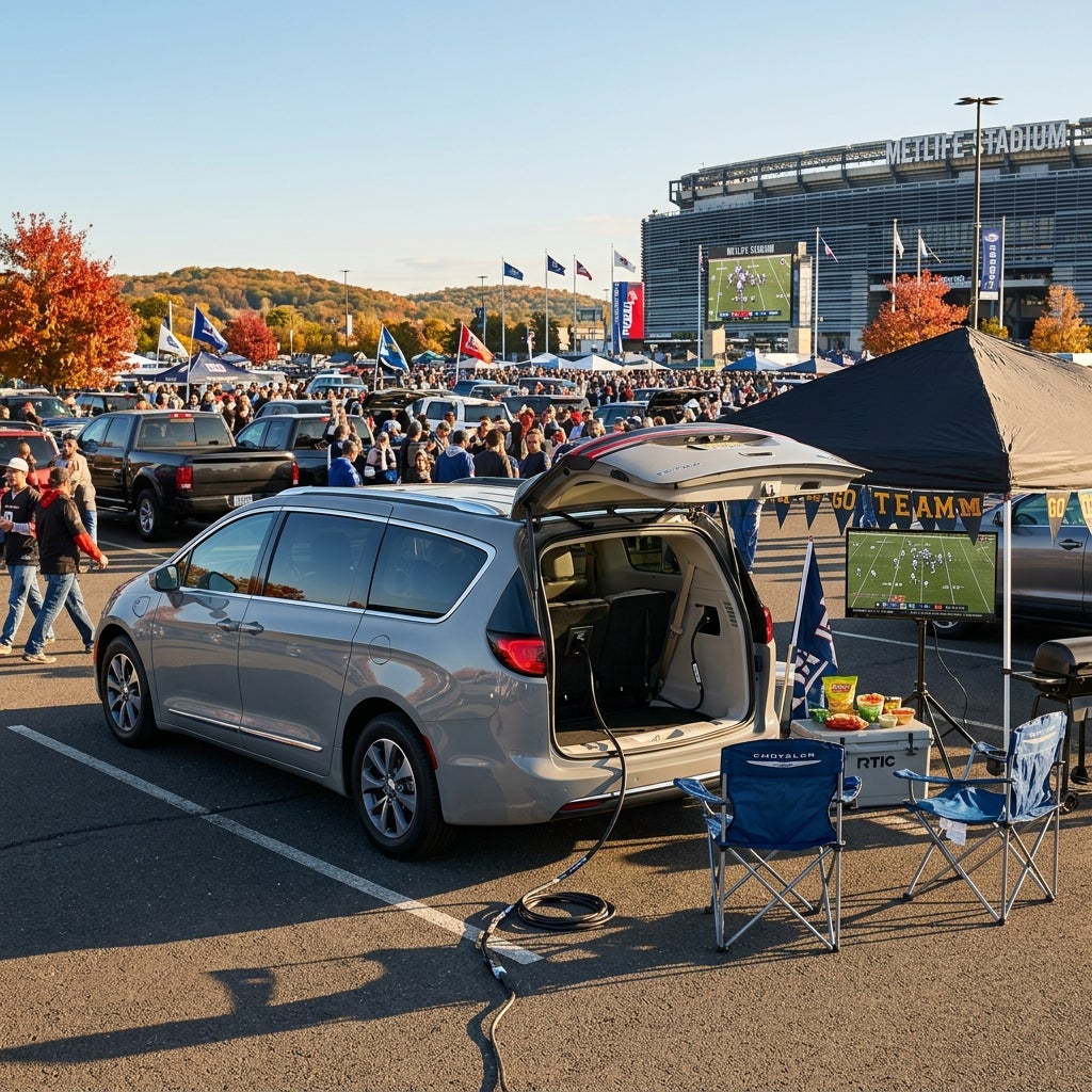 Silver Chrysler Pacifica minivan powering an outdoor TV at a football tailgating setup outside MetLife Stadium. (Representative image for illustration purposes only. Actual vehicle may vary based on trim and configuration.)