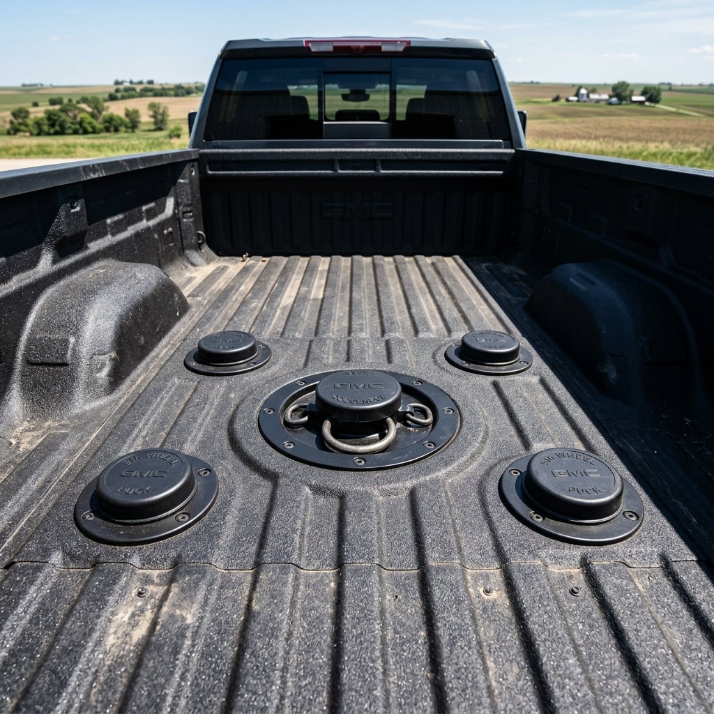 Black GMC truck bed with factory gooseneck hitch and four fifth-wheel puck system mounting caps. (Representative image for illustration purposes only. Actual vehicle may vary based on trim and configuration.)