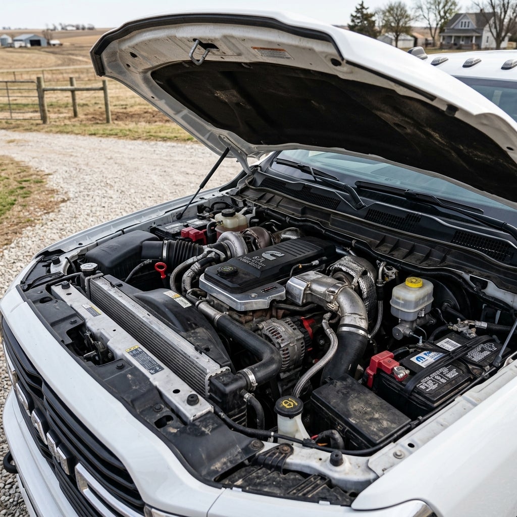 Open hood of a white Ram pickup truck revealing a 6.7L Cummins turbo diesel engine bay. (Representative image for illustration purposes only. Actual vehicle may vary based on trim and configuration.)