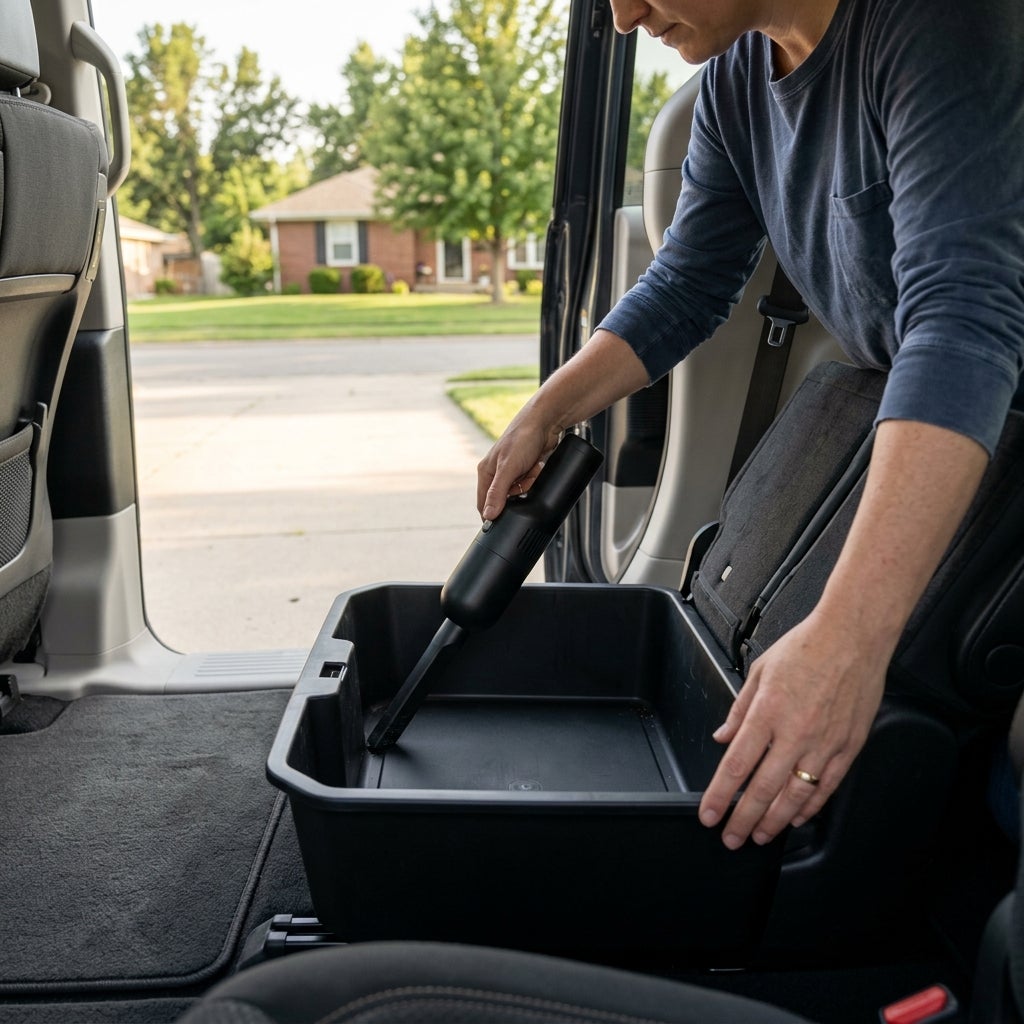 A person using a handheld cordless vacuum to clean a black storage bin inside a car. (Representative image for illustration purposes only. Actual vehicle may vary based on trim and configuration.)